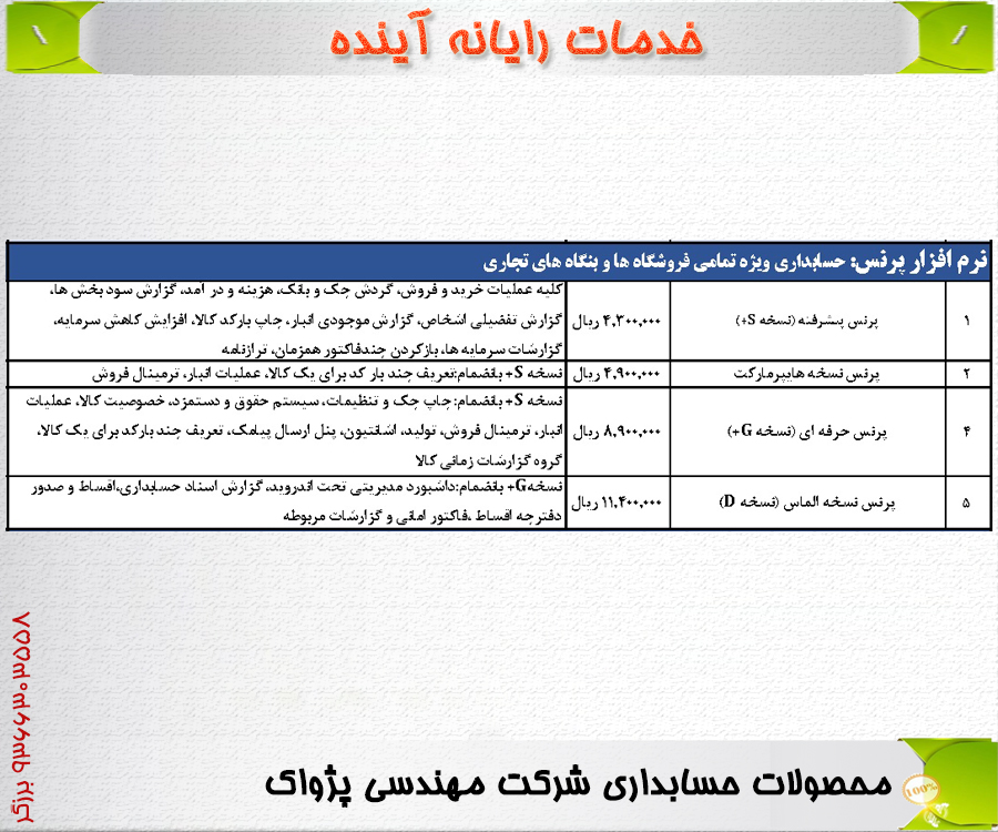 لیست قیمت محصولات حسابداری 