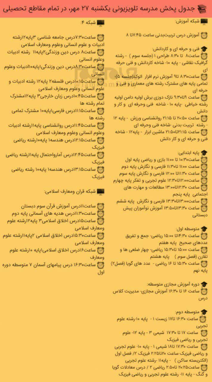 جدول پخش مدرسه تلویزیونی یکشنبه ۲۷